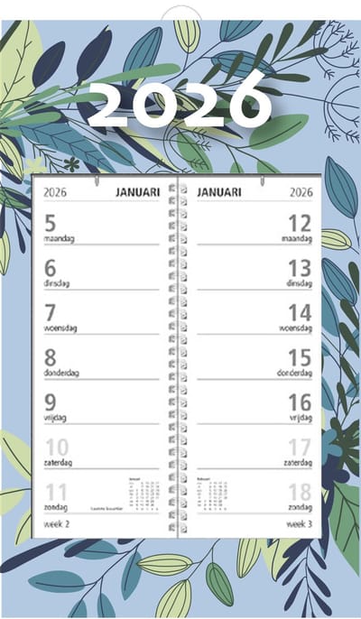 MGPcards - Omlegweekkalender 2026 - Week begint op maandag - 21 x 34 cm - Bladeren - Licht blauw