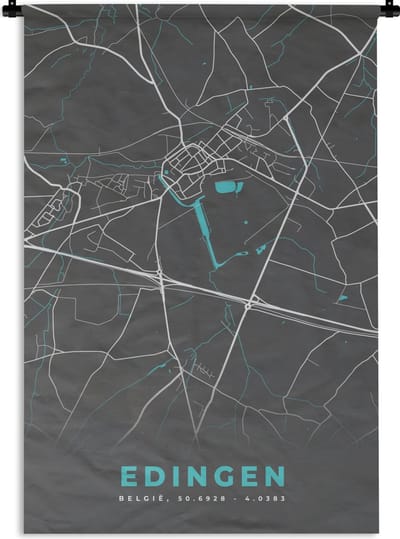 Wandkleed - Wanddoek - Stadskaart – Grijs - Kaart – Edingen – België – Plattegrond - 120x180 cm - Wandtapijt