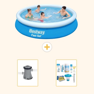 Bestway Rond Opblaasbaar Fast Set Zwembad - 366 x 76 cm - Blauw - Inclusief Pomp - Onderhoudspakket - 3-delig