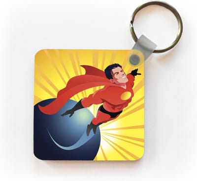 Sleutelhanger - Uitdeelcadeautjes - Een illustratie van een superheld die boven de wereld vliegt - Jongens - Jongetje - Kinderen - Kind - Plastic
