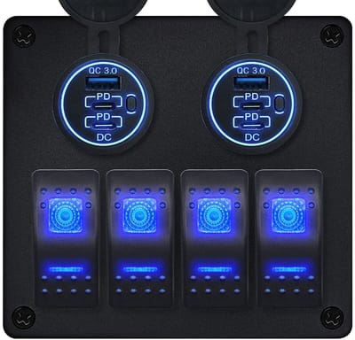 ProRide Schakelpaneel 12V voor Auto/Boot - USB/USB C Stopcontact 6 Poorten met schakelaar - QC3.0 - 4 schakelaars - Blauw