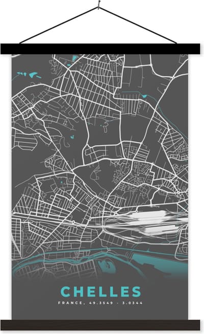 Posterhanger incl. Poster 40x60 cm - Schoolplaat - Plattegrond – Kaart – Stadskaart – Frankrijk – Chelles - Textielposter - Zwarte latten - Stadskaart