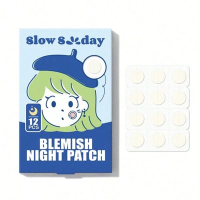 Slow Sunday Blemish Night Patch, 12 stuks, hydrocolloïde verband, waterdicht en ademend, verfrissend en comfortabel, mild en niet-irriterend, voor dagelijkse verzorging, betere dekking, voor gezicht en lichaam, voor zomer en herfst, Koreaanse huidverzorging, Y2K, terug naar school