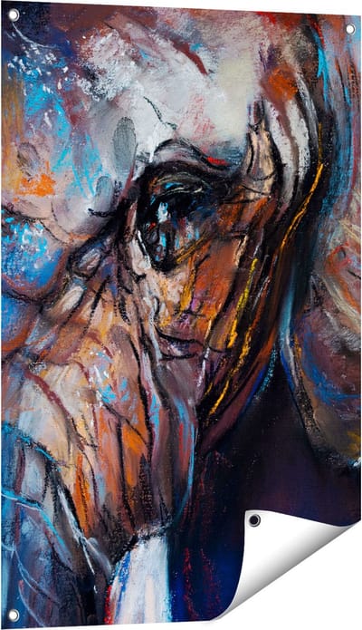Gards Tuinposter Getekende Olifant van Dichtbij - Abstract - 60x90 cm - Tuindoek - Tuindecoratie - Wanddecoratie buiten - Tuinschilderij