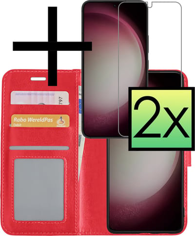 Hoesje - Met 2x Screenprotector - Geschikt voor Samsung Galaxy S23 - Luxe Pasjeshouder - Bookcase Portemonee - Flip Case - Kunstleer Book Case - Flipcase Hoes - Book Cover - Walletcase - Portemonneehoes - Rood