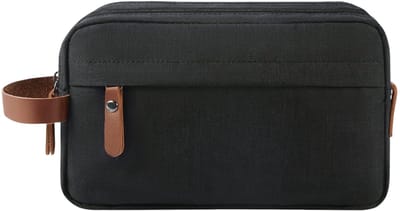 Luxe Toilettas Heren & Dames – 28 cm x 10 cm x 18 cm (lxbxh) - Dubbel Compartiment – Waterafstotende Reistas – Zwarte Toilettas met Leren Details – Grote Washbag – Ideaal voor Vakantie & Sportschool – FLOKOO