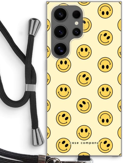 Case Company® - Hoesje met koord geschikt voor Samsung Galaxy S24 Ultra hoesje met Koord - Smiley N°2 - Telefoonhoesje met Zwart Koord - Bescherming aan alle Kanten en Over de Schermrand