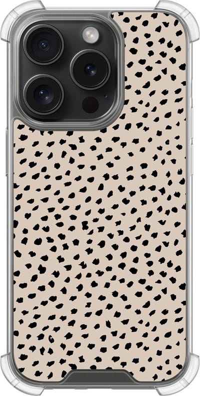 Shockproof hoesje - Geschikt voor iPhone 15 Pro - Almond dots - Extra sterke case - TPU/polycarbonaat - Gestipt - Beige, Transparant