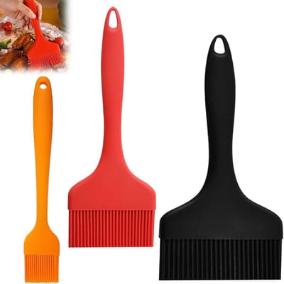 Set van 3 Siliconen Bakkwasten, 21 cm Lang, Ideaal voor Boter, Barbecuesaus en Marinades, Perfect voor Koken, Grillen en Bakken, Hangbaar Ontwerp in Zwart, Rood en Oranje