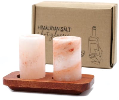 Ancient Wisdom - Amuseset - Set van 2 shotglaasjes Himalayazout met houten standaard - zout - serveeraccessoire - decoratie - geschenk - keukenhulp