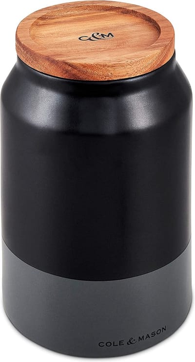 Hinxton zwart/grijs medium voedselvoorraadpot met deksel | Keukenorganisatie, kast opbergcontainer | Keramiek/Acacia/siliconen | (H) 172 mm x (D) 110 mm