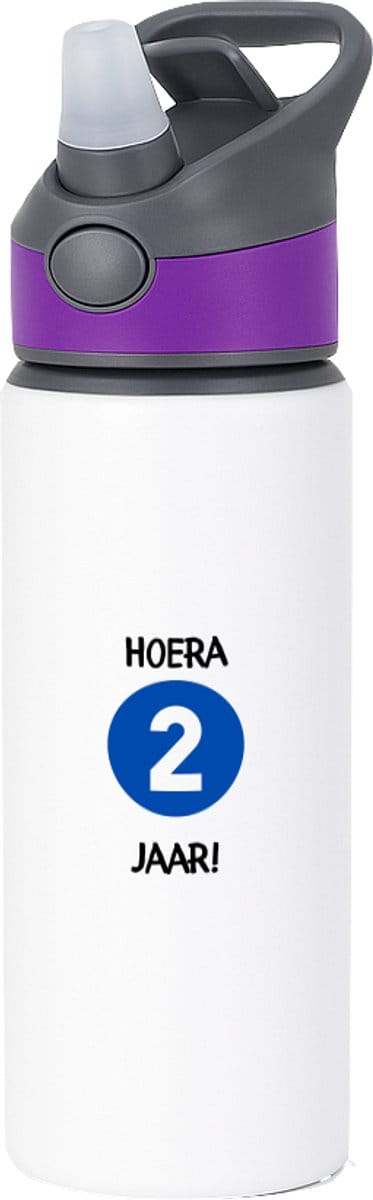 Hacebo® - Hoera 2 jaar waterfles met rietje paars - Verjaardag - jarigen - Verjaardagscadeau - peuter - Happy birthday - water fles - 650ML