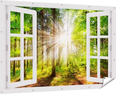 Gards Tuinposter Doorkijk Bos met Zon tussen de Bomen - 180x120 cm - Tuindoek - Tuindecoratie - Wanddecoratie buiten - Tuinschilderij