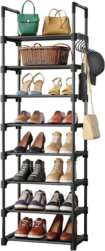 Ruimtebesparend schoenenrek met 10 niveaus en haken voor 20-25 paar schoenen, ideale organizer voor entree en slaapkamer