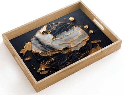 Dienblad hout 40x30 cm - Schootdienblad - Kunst - Goud - Zwart - Modern - Abstract - Borrelplank rechthoek - Plateau dienbladen