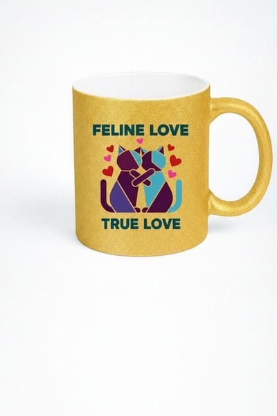 Gouden Glitter Mok Feline Love True Love - Knuffelende Katten Beker met Hartjes | Uniek Cadeau