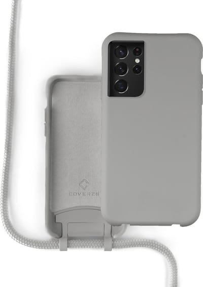 Coverzs Silicone case met koord - Telefoonhoesje met koord - Backcover hoesje met koord - touwtje - geschikt voor Samsung Galaxy S21 Ultra - grijs