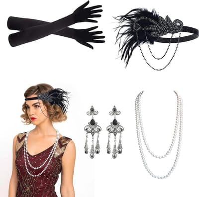 5-delige jaren '20 accessoires set voor een Great Gatsby kostuum, inclusief lange handschoenen, parelketting en haarband voor vrouwen