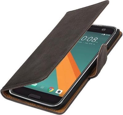 Grijs Hout booktype wallet cover hoesje voor HTC 10