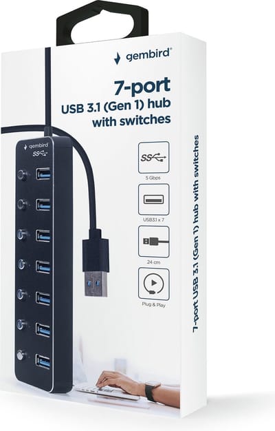 Gembird - hub - with switches black - 7 ports USB hub - 7 - USB 3.2 - Zwart