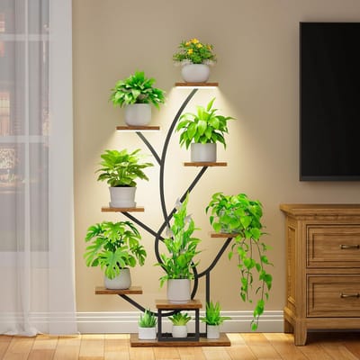 Plantenstandaard met groeilicht, 8 niveaus, bloemenstandaard, 126 cm, metalen houten plantenrek, binnen en buiten, bloementrap, decoratief zwart bloemenrek voor binnen, tuin, balkon