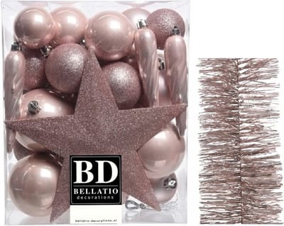 Kerstballen 5-6-8 cm 32x st met ster piek en slingers lichtroze - kunststof