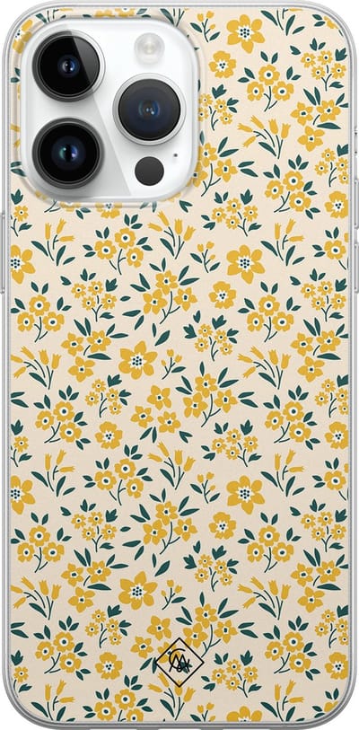 Casimoda® hoesje - Geschikt voor iPhone 14 Pro Max - Yellow Garden - Siliconen/TPU telefoonhoesje - Backcover - Bloemen - Goudkleurig