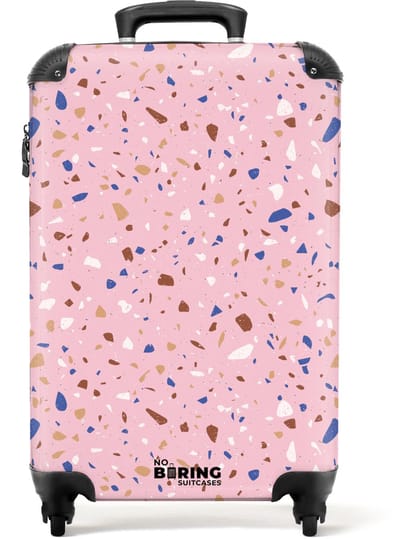 NoBoringSuitcases.com - Koffer - Terrazzo patroon veelkleurig roze en blauw - Past binnen 55x40x20 cm en 55x35x25 cm - Trolley handbagage - Valiezen met wieltjes volwassenen - Reiskoffer op wielen - Rolkoffer lichtgewicht