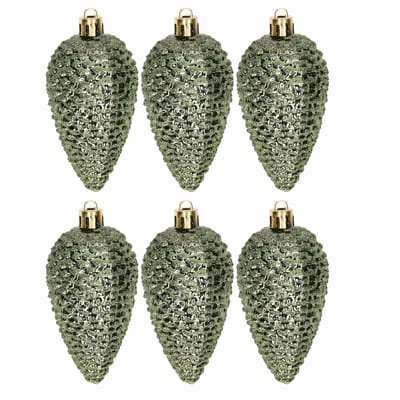 Decoris Kersthangers dennenappels - 12x - donkergroen - glitter - 8 cm - kunststof - kerstversiering