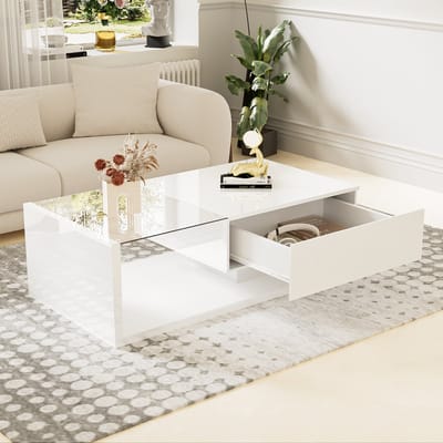 MIVRAY Salontafel - Hoogglans Met Glas En Ledverlichting - Voor Woonkamer - 105x55x32 cm - Spaanplaat - Wit