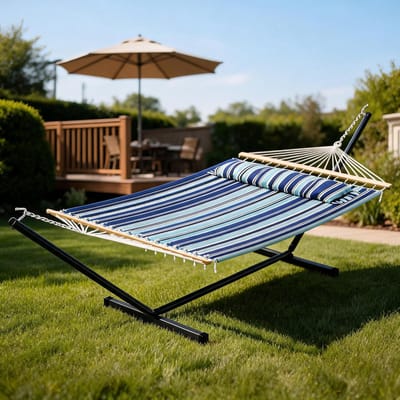 Extra grote dubbele hangmatstandaard met robuust stalen frame – draagvermogen 215 kg – inclusief zacht kussen – ideaal voor in de tuin, op het terras en op de camping – blauwe geweven stof – eenvoudig te monteren