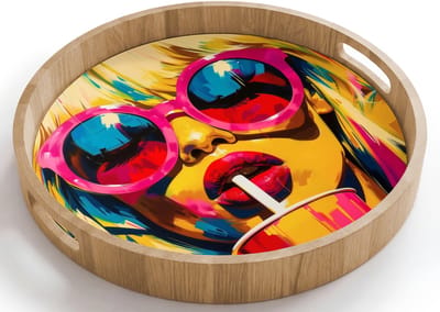 Dienblad rond 40x40 cm - Schootdienblad hout - Zonnebril - Roze - Vrouw - Rietje - Borrelplank rechthoek - Plateau houten dienbladen