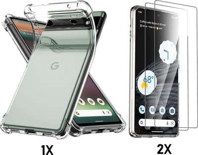 Casemania Hoesje Geschikt voor Google Pixel 6A - Transparant + 2x Glazen Screenprotector - Anti-Shock Hybrid Back Cover