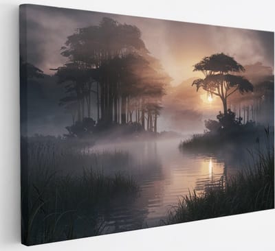 Saammp Canvas Schilderij - Water - mistig Landschap - Natuur - 30x20 - Foto op canvas - Wanddecoratie - Muurdecoratie Woonkamer - Slaapkamer decoratie - Canvas Print