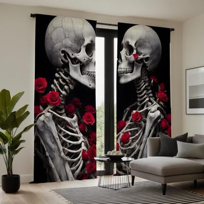 2 pièces Crâne Rose Couple rideau Noir cravate rideau imprimé numérique Style Décoration Maison Décorer salon Chambre à coucher Tige cu W52H63inchW132H160cm black