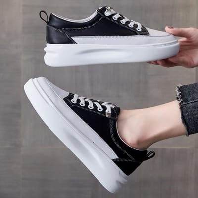 Chaussures de printemps et d'été pour femmes, baskets blanches à plateforme en cuir véritable, légères et décontractées, nouvelles chaussures de marche en plein air 40 noir