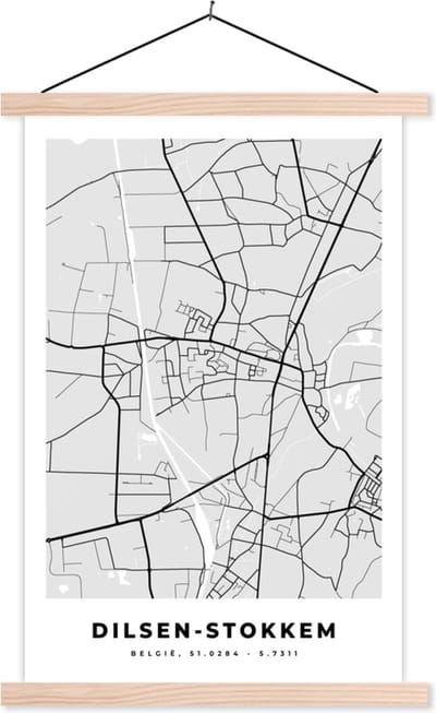 Posterhanger incl. Poster 40x60 cm - Schoolplaat - Zwart Wit – België – Plattegrond – Stadskaart – Kaart – Dilsen Stokkem - Textielposter - Blanke latten - Stadskaart