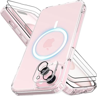 Doorzichtig magnetisch hoesje Compatibel met MagSafe Geschikt voor: Apple iPhone 15 - Harde achterkant - Met 2 screenprotectors + 1 camerabeschermer