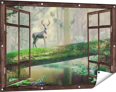 Gards Tuinposter Doorkijk Hert in het Bos op een Boom - 120x80 cm - Tuindoek - Tuindecoratie - Wanddecoratie buiten - Tuinschilderij