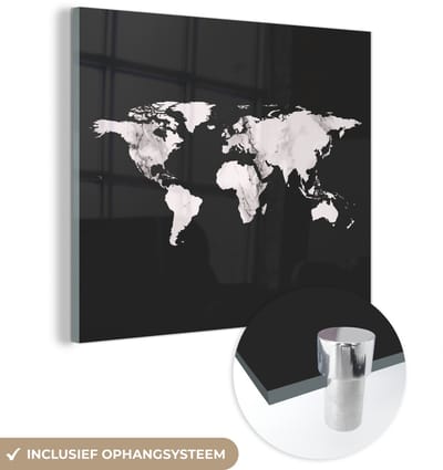 ® Glasschilderij 90x90 cm - Schilderij acrylglas - Wereldkaart - Zwart Wit - Marmer - Foto op glas - Muurdecoratie woonkamer - Wanddecoratie slaapkamer - Schilderijen