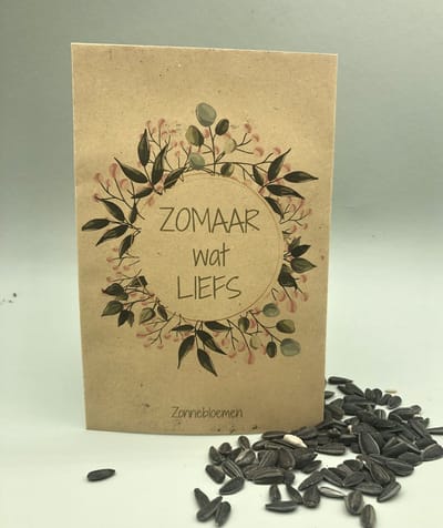 10 zakjes/ Zomaar wat liefs, zonnebloem, zaden, klein kadootje, kraft, uitdeelkadootjes,kleine attentie,