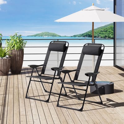 MODFU - Klapstoelen Set Van 2 - Verstelbare Rugleuning En Armleuningen - Voor Tuin En Balkon - Staal - Zwart - 62 x 70 x 109 cm
