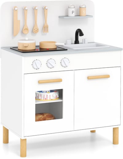 COSTWAY Kinderkeuken met 10 accessoires, houten speelkeuken met licht en geluid, speelgoedkeuken met fornuis, gootsteen en oven, houten keuken voor kinderen vanaf 2 jaar