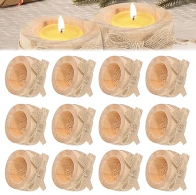 Dailygoods - Houten theelichthouder, 12 stuks, 6 x 2,5 cm, houten votiefkaarsenhouder, natuurlijke kandelaar, hout, rond, votief-theelichthouder voor bruiloften, tafeldecoratie voor Halloween, Kerstmis,