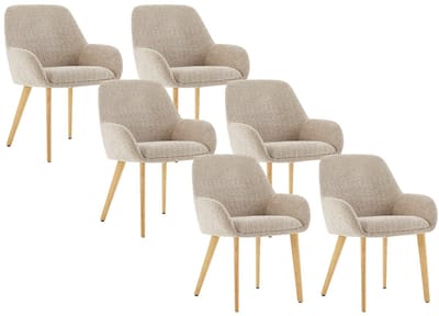 Vente-unique Set van 6 stoelen met armleuningen in boucléstof en rubberhout - Taupe en licht naturel - VALENYO