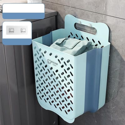 Opvouwbare badkamer wasmand Aan de muur gemonteerde vuile kleren opbergmand Huishoudelijke waszak Wasruimte Badkamer Organizer blauw