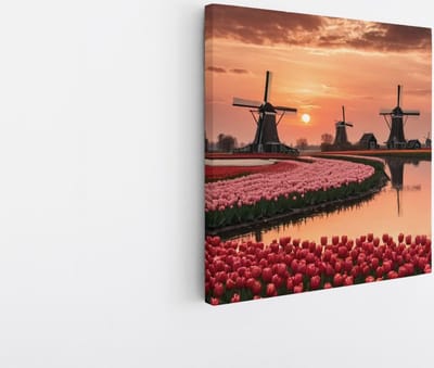 Saammp Canvas Schilderij - Landschap - bloemenveld met molens - Natuur - 20x20 - Foto op canvas - Wanddecoratie - Muurdecoratie Woonkamer - Slaapkamer decoratie - Canvas Print