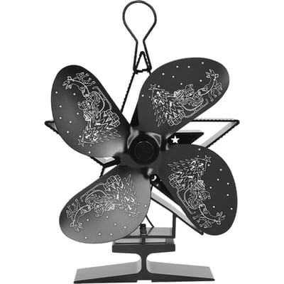 4 Bladen Warmte Aangedreven Ventilator Kerstman Patroon Haardventilator voor Warmteverdeling Circulerend Warm zwart