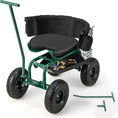 COSTWAY Rolzitje met wielen, 360 graden draaibaar, in hoogte verstelbaar, mobiele tuinstoel met stuurgreep, mand, opbergruimte en zitkussen, tuinkruk tot 150 kg, metalen tuinrolstoel, voor tuinieren,