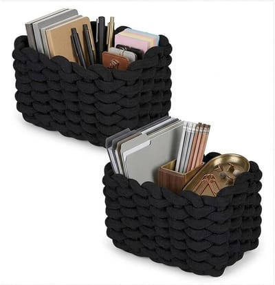 Opbergmand van katoen, gevlochten mand, voor toiletpapier, cosmetica, speelgoed, woonaccessoires, 19 x 15 x 12 cm, zwart, 2 stuks